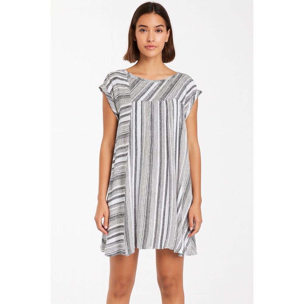 FP Asymmetrical Striped Pattern Gauzy Waffle Knit Texture Lagenlook Tunic Dress